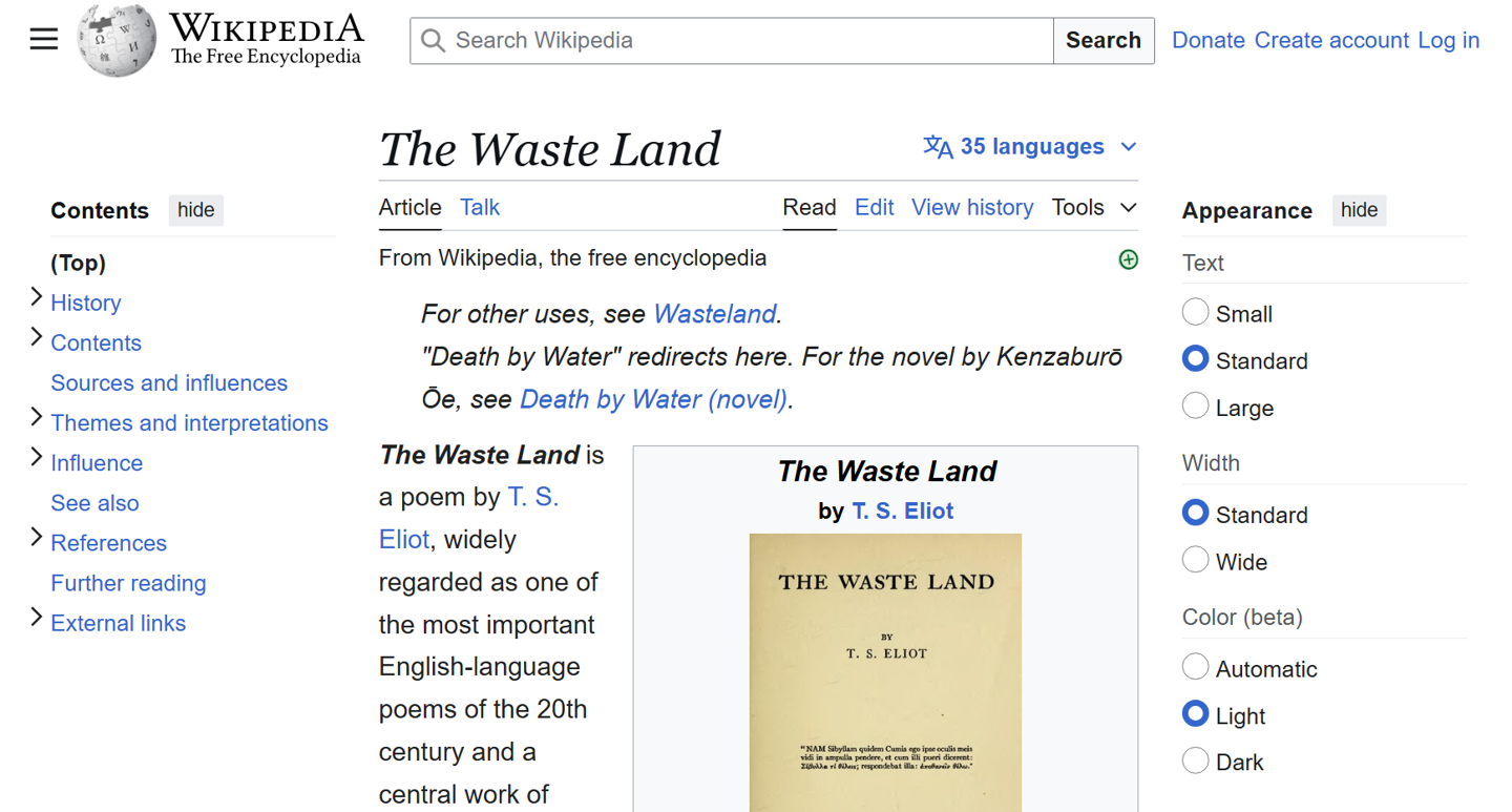 The Wikipedia article for the poem The Waste Land with the font size set to 'very large'.